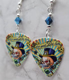 Live Now Die Later Skull with Top Hat Guitar Pick Earrings with Metallic Blue Swarovski Crystals