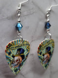 Live Now Die Later Skull with Top Hat Guitar Pick Earrings with Metallic Blue Swarovski Crystals