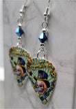 Live Now Die Later Skull with Top Hat Guitar Pick Earrings with Metallic Blue Swarovski Crystals