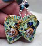 Live Now Die Later Skull with Top Hat Guitar Pick Earrings with Metallic Blue Swarovski Crystals