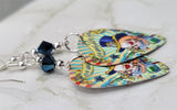 Live Now Die Later Skull with Top Hat Guitar Pick Earrings with Metallic Blue Swarovski Crystals