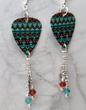 Turquoise and Burnt Red Southwestern Guitar Pick Earrings with Cactus Charm and Swarovski Crystal Dangles