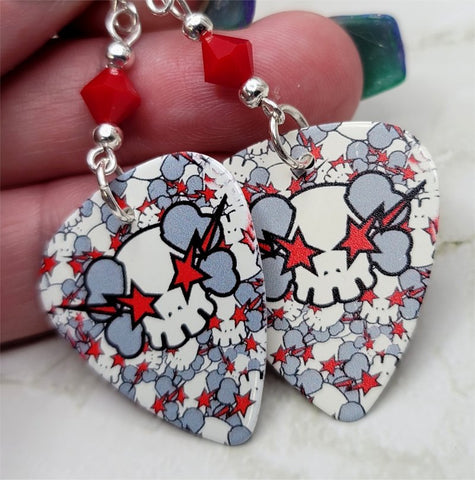 Skulls with Lightning and Stars Guitar Pick Earrings with Red Swarovski Crystals