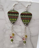 Green and Red Southwestern Patterned Guitar Pick Earrings with Swarovski Crystal Dangles