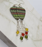 Green and Red Southwestern Patterned Guitar Pick Earrings with Swarovski Crystal Dangles