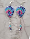 Pink, Blue and Purple Swirled Tie Dye Guitar Pick Earrings with Swarovski Crystal Dangles