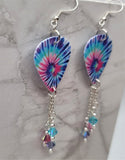 Pink, Blue and Purple Swirled Tie Dye Guitar Pick Earrings with Swarovski Crystal Dangles