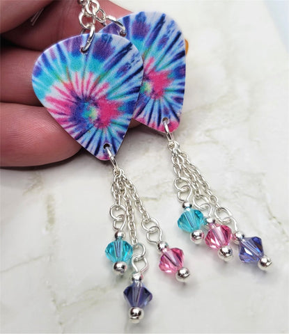 Pink, Blue and Purple Swirled Tie Dye Guitar Pick Earrings with Swarovski Crystal Dangles