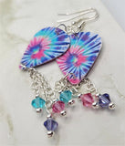 Pink, Blue and Purple Swirled Tie Dye Guitar Pick Earrings with Swarovski Crystal Dangles