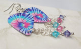 Pink, Blue and Purple Swirled Tie Dye Guitar Pick Earrings with Swarovski Crystal Dangles