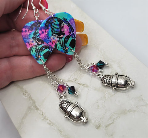 Retro Microphone on Colorful Guitar Pick Earrings with Retro Microphone Charm and Swarovski Crystal Dangles
