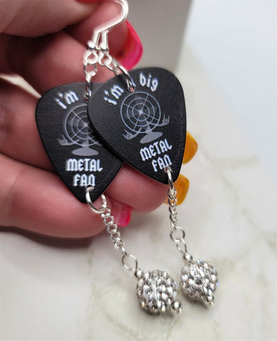 I'm a Big Metal Fan Guitar Pick Earrings with White Pave Bead Dangles