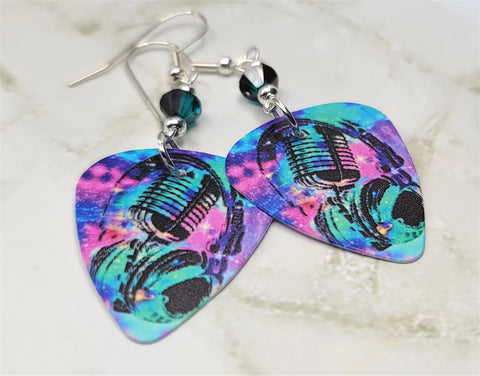 Retro Microphone on Colorful Guitar Pick Earrings with BiColor Swarovski Crystals