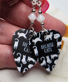 Because Cats Guitar Pick Earrings with White Alabaster Swarovski Crystals