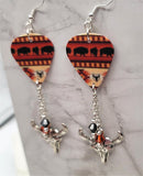 Southwestern Buffalo Patterned Guitar Pick Earrings with Large Animal Skull Charm and Swarovski Crystal Dangles