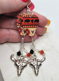 Southwestern Buffalo Patterned Guitar Pick Earrings with Large Animal Skull Charm and Swarovski Crystal Dangles