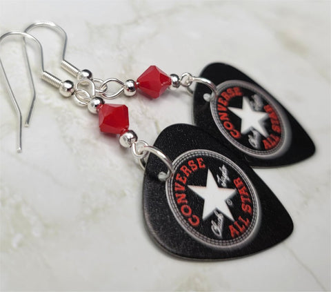 Converse Emblem Guitar Pick Earrings with Red Swarovski Crystals