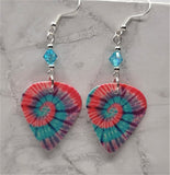 Purple, Turquoise and Pink Swirled Tie Dye Guitar Pick Earrings with Transparent Turquoise Swarovski Crystals