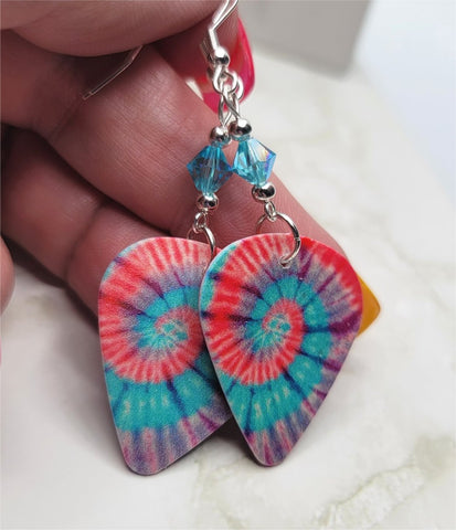 Purple, Turquoise and Pink Swirled Tie Dye Guitar Pick Earrings with Transparent Turquoise Swarovski Crystals