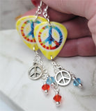 Peace Sign Dye Guitar Pick Earrings with Peace Sign Charm and Swarovski Crystal Dangles