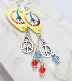 Peace Sign Dye Guitar Pick Earrings with Peace Sign Charm and Swarovski Crystal Dangles