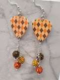 Autumnal Brown and Orange Argyle Guitar Pick with Pave Bead Dangles