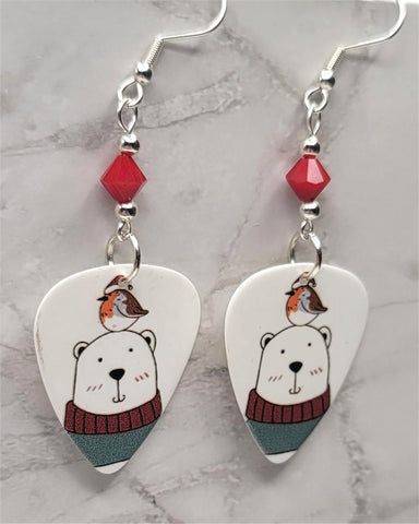 Woodland Creature Bear with a Bird on His Head Guitar Pick Earrings with Red Swarovski Crystals