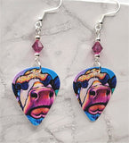 Vibrant Watercolor Style Cow Guitar Pick Earrings with Fuchsia Swarovski Crystals