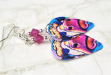 Vibrant Watercolor Style Cow Guitar Pick Earrings with Fuchsia Swarovski Crystals