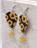 Sunflowers Guitar Pick Earrings with Yellow Swarovski Crystal Dangles