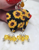 Sunflowers Guitar Pick Earrings with Yellow Swarovski Crystal Dangles