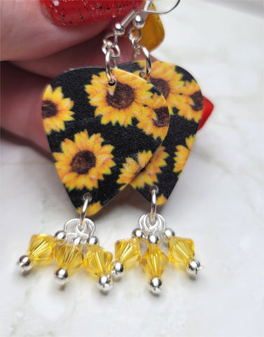 Sunflowers Guitar Pick Earrings with Yellow Swarovski Crystal Dangles