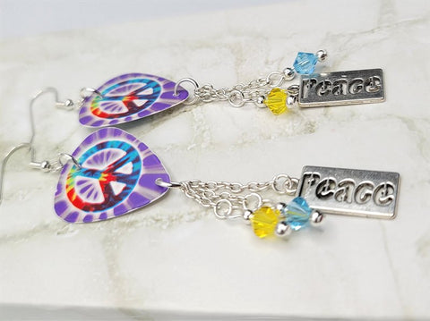 Peace Sign Tie Dye Guitar Pick Earrings with Peace Text Charm and  Swarovski Crystal Dangles