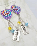 Peace Sign Tie Dye Guitar Pick Earrings with Peace Text Charm and  Swarovski Crystal Dangles