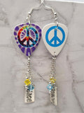 Peace Sign Tie Dye Guitar Pick Earrings with Peace Text Charm and  Swarovski Crystal Dangles