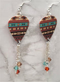 Brown and Turquoise Color Patterned Guitar Pick Earrings with Swarovski Crystal Dangles