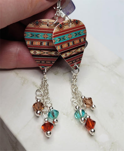 Brown and Turquoise Color Patterned Guitar Pick Earrings with Swarovski Crystal Dangles