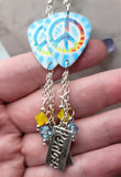 Blue and Yellow Peace Sign Tie Dye Guitar Pick Earrings with Peace Text Charm and  Swarovski Crystal Dangles