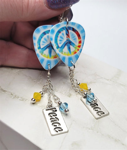 Blue and Yellow Peace Sign Tie Dye Guitar Pick Earrings with Peace Text Charm and  Swarovski Crystal Dangles