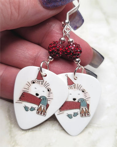 Woodland Creature Hedgehog Guitar Pick Earrings with Red Pave Beads