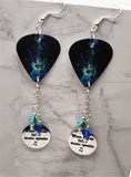Guitar in Teal and Blue Guitar Pick Earrings with When Words Fail Music Speaks Charms and Swarovski Crystal Dangles