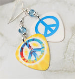 Peace Sign Dye Guitar Pick Earrings with Aquamarine Swarovski Crystals