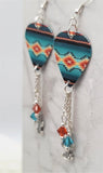 Teal and Orange Southwestern Patterned Guitar Pick Earrings with Cactus Charms and Swarovski Crystal Dangles