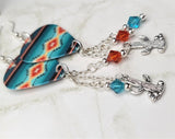 Teal and Orange Southwestern Patterned Guitar Pick Earrings with Cactus Charms and Swarovski Crystal Dangles