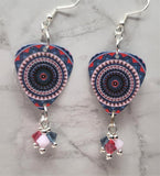 Blue and Pink Mandala Guitar Pick Earrings with Swarovski Crystal Dangles