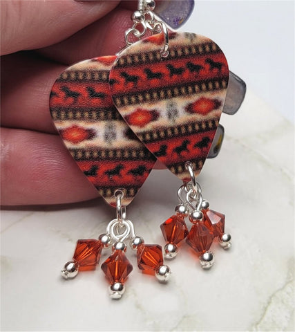 Southwestern Style Horse Patterned Guitar Pick Earrings with Indian Red Swarovski Crystal Dangles
