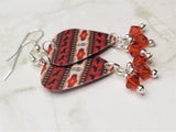 Southwestern Style Horse Patterned Guitar Pick Earrings with Indian Red Swarovski Crystal Dangles
