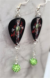 Cross with Green Accent Guitar Pick Earrings with Green Pave Bead Dangles