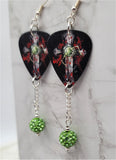 Cross with Green Accent Guitar Pick Earrings with Green Pave Bead Dangles