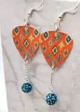 Orange with Turquoise Pattern Guitar Pick Earrings with Blue ABx2 Pave Bead Dangles